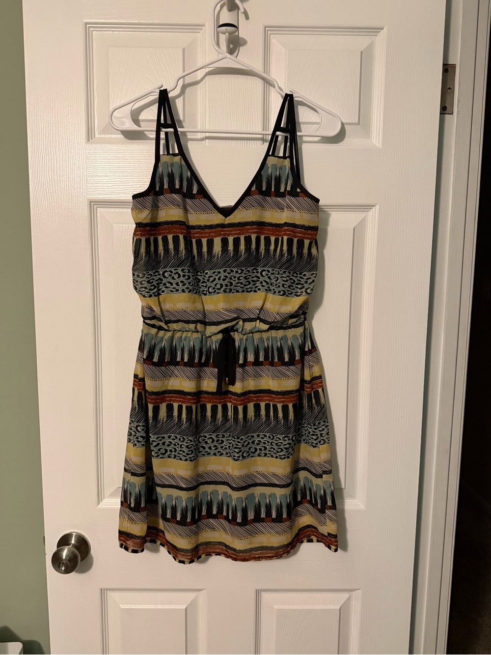 City Triangles V‑Neck Strappy Mini Dress in Yellow, Black, Teal and Rust